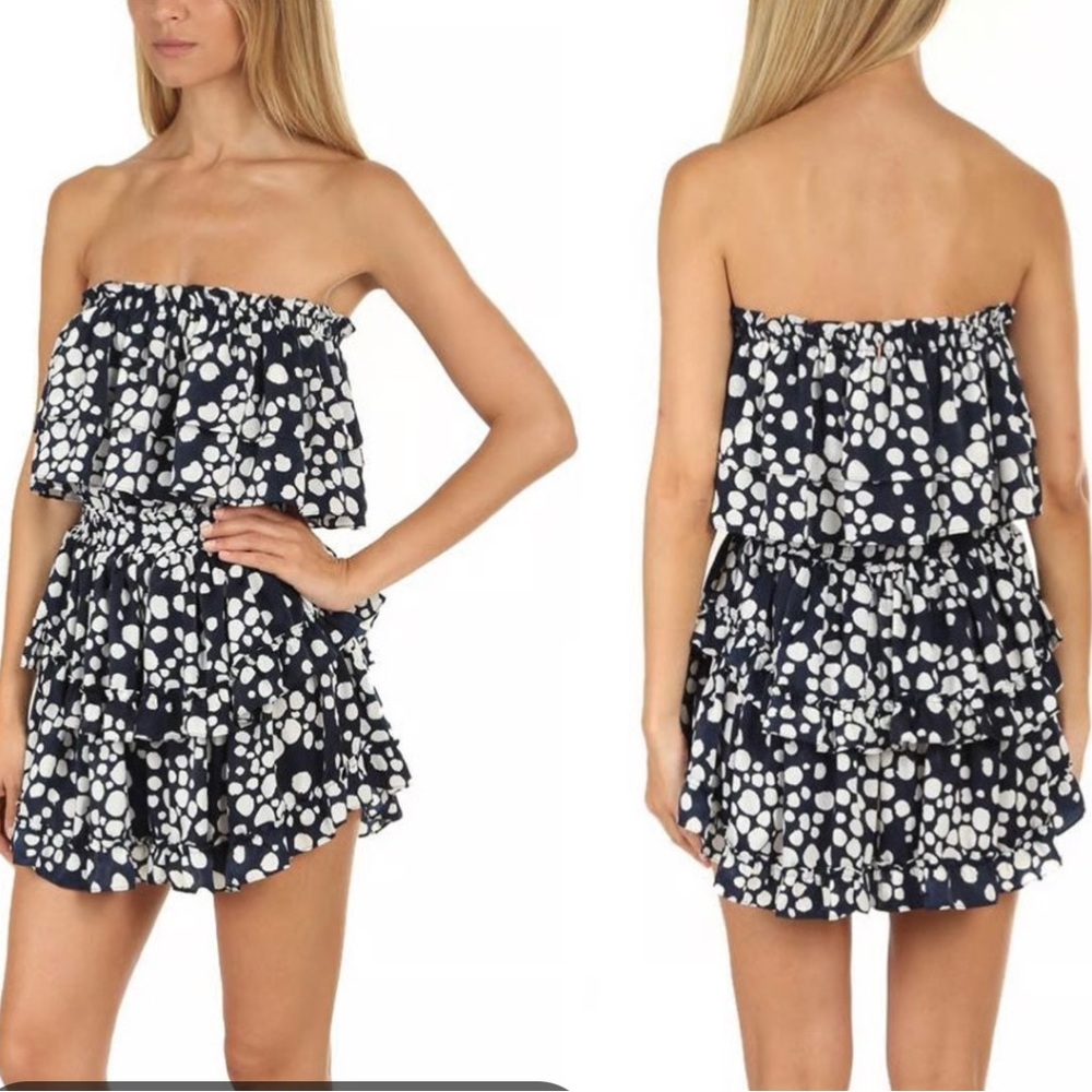 MISA navy and white strapless dress